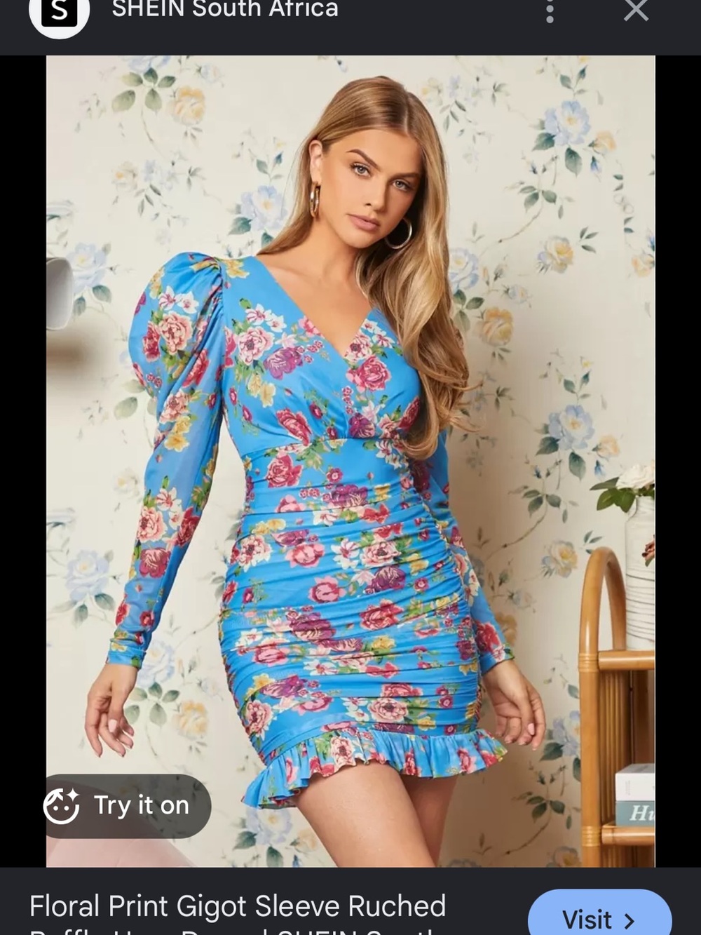 SHEIN Bright Blue Floral Ruched V-Neck Long Sleeve Dress